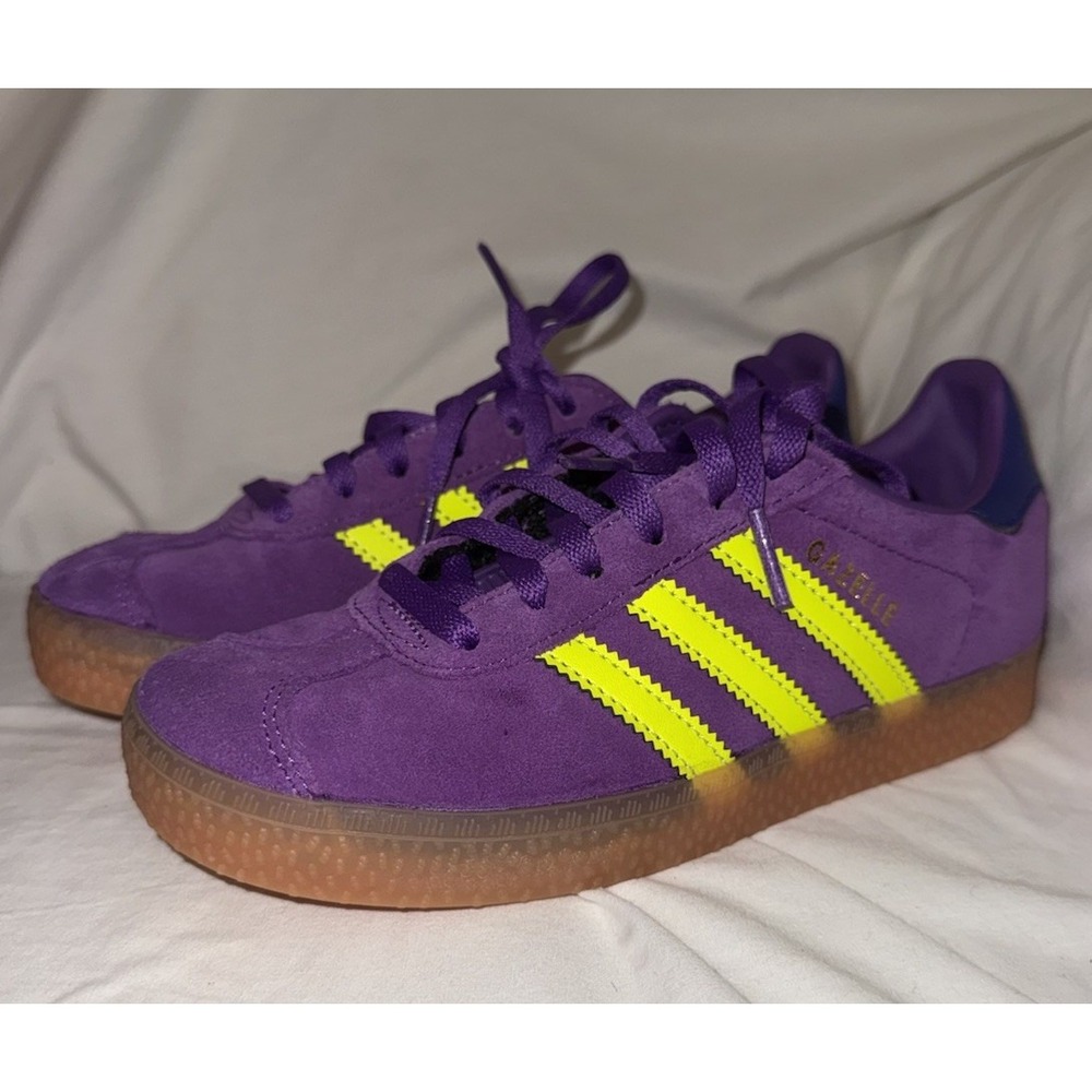 Adidas Gazelle Kids Shoes Size 1 US Purple Lime Green Suede Sneaker